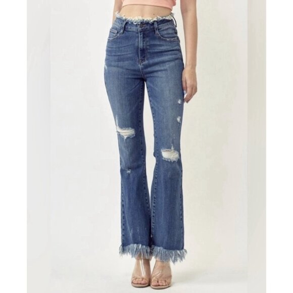 Risen Denim - Risen Women Jeans RAW EDGE WAIST W FRAYED HEM FLARE Blue Distressed 32/15 NWT